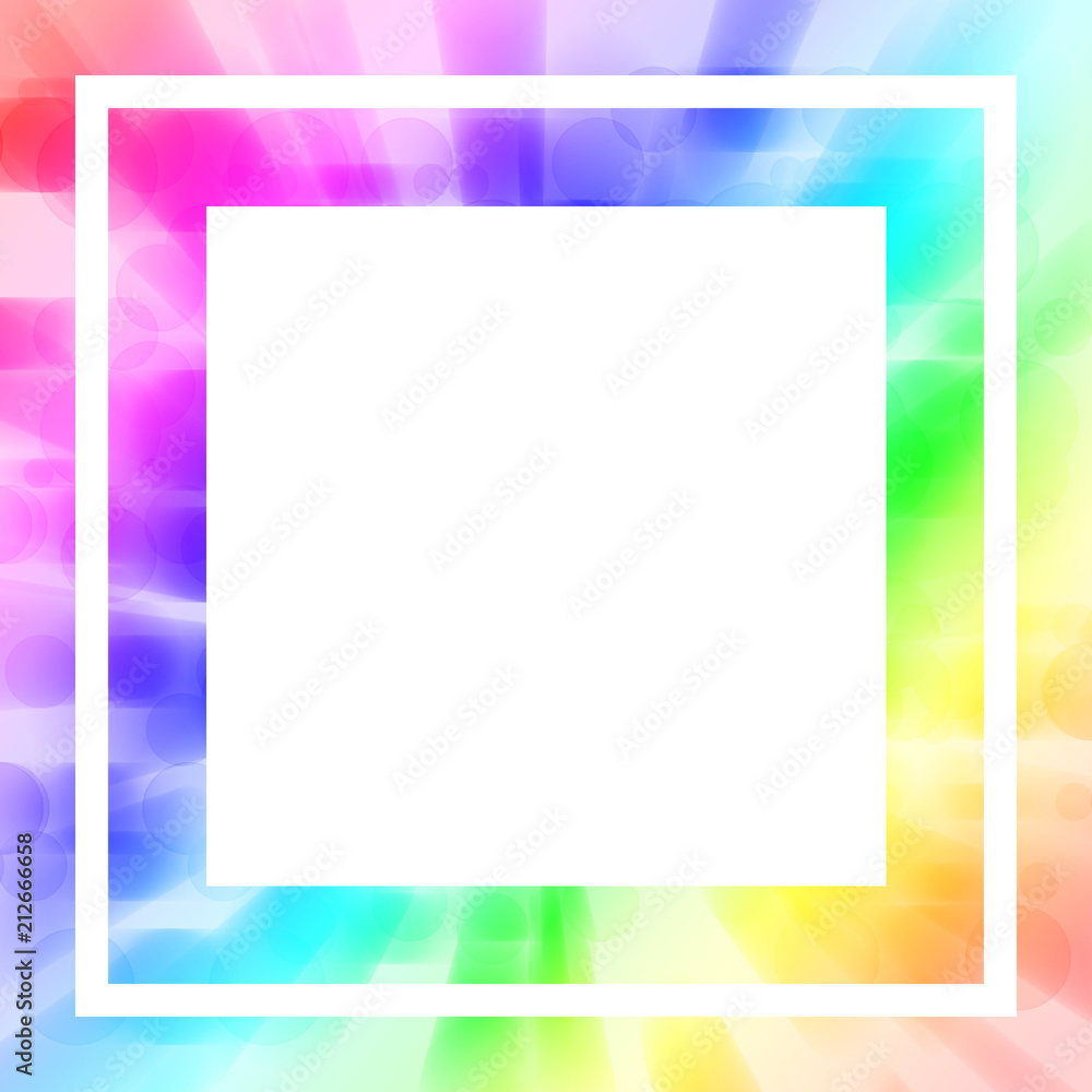 Blurred rainbow abstract background. Picture frame for cheerful, happiness concepts. Square mock up template. Design for posters, flyers, party invitations, greeting cards, scrapbook page, albums