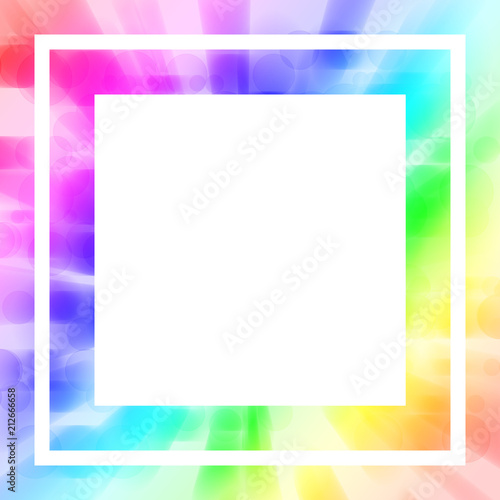 Blurred rainbow abstract background. Picture frame for cheerful, happiness concepts. Square mock up template. Design for posters, flyers, party invitations, greeting cards, scrapbook page, albums