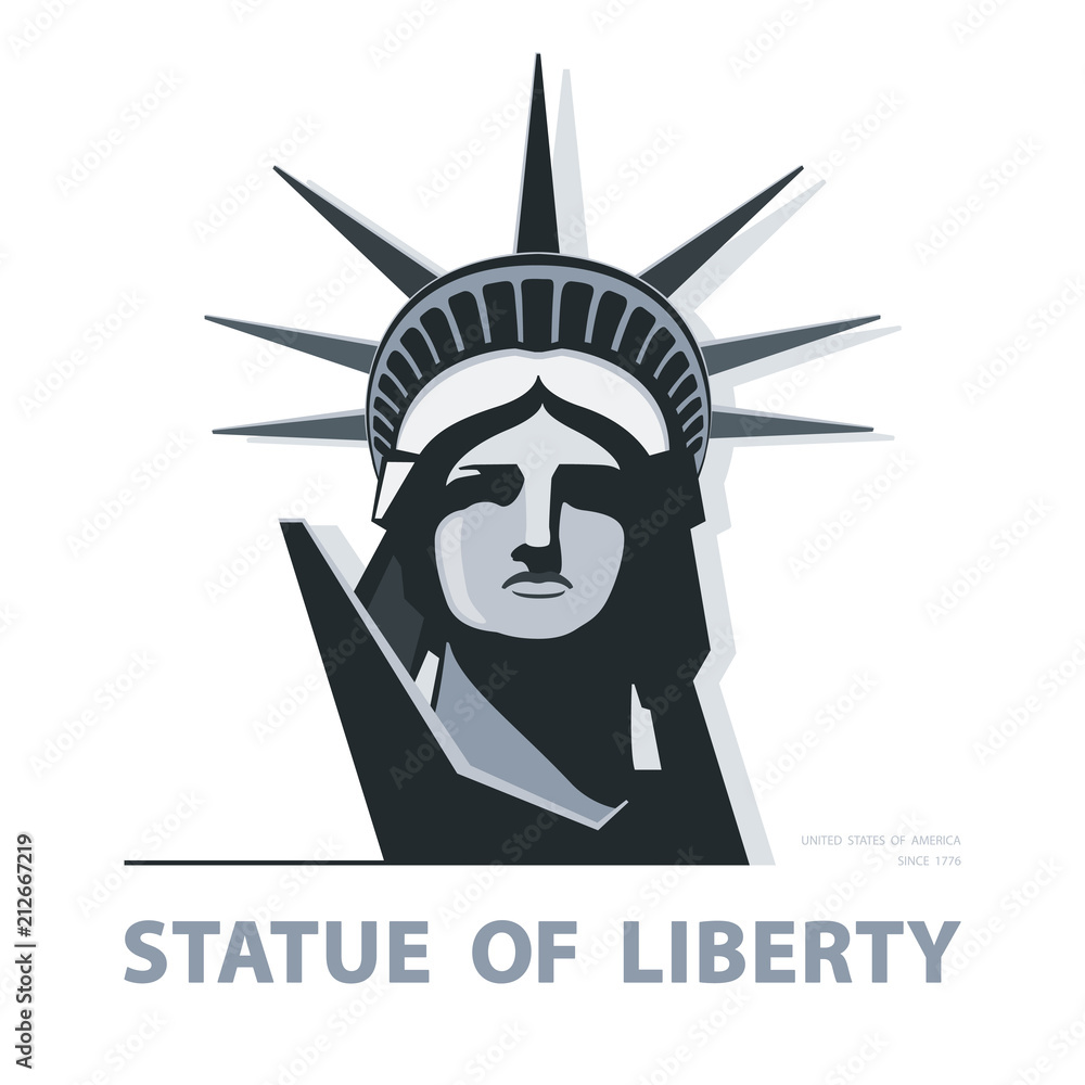 Portrait. Statue of Liberty USA, poster. Black and white linear image