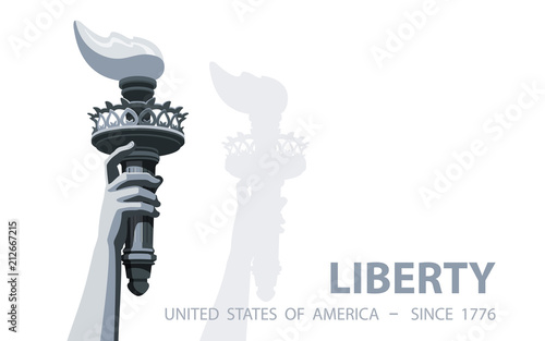 Hand with torch Independence Day. Black and white Linear picture. USA. Poster. Statue of Liberty. Symbol America. Illustration white Background. Use presentation, report, postcard,flat banner, vector