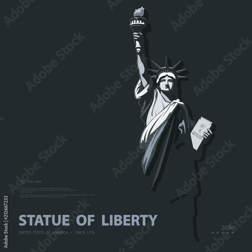 Statue of Liberty. USA, poster. 2020. Creative Black and White Linear Picture. Symbol of America. Illustration black background. Use presentations,corporate reports,text, emblems,labels,logo, vector