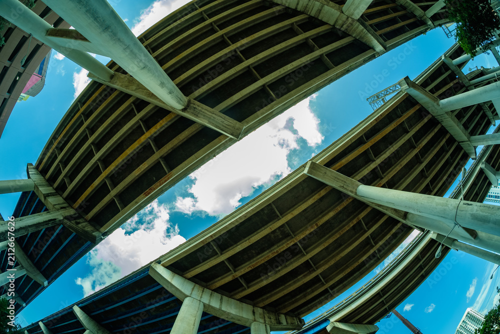 Fototapeta premium Skyward view of Interstate 95 highway running along downtown Miami.