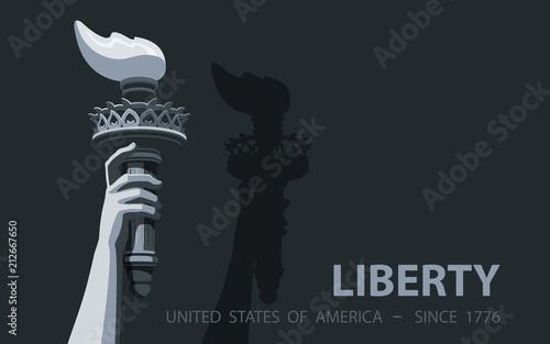 Hand with torch Independence Day. Black and white Linear picture. USA. Poster. Statue of Liberty. Symbol America.Illustration Dark black Background.Use presentation, report,postcard,flat banner,vector