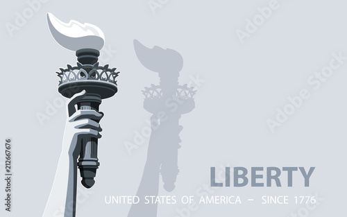 Hand with torch Independence Day. Black and white Linear picture. USA. Poster. Statue of Liberty. Symbol America.Illustration gray Background. Use presentation, report, postcard,flat banner, vector