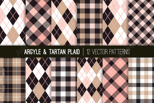 Pink, Beige and Black Argyle, Tartan and Gingham Plaid Vector Patterns. Girly Preppy Fashion Style Fabric Prints. Repeating Pattern Tile Swatches Included.