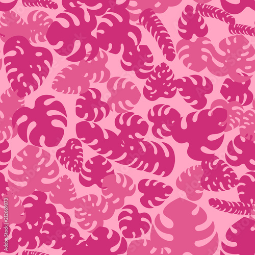 Seamless wallpaper with tropical exotic pink leaves and plants background