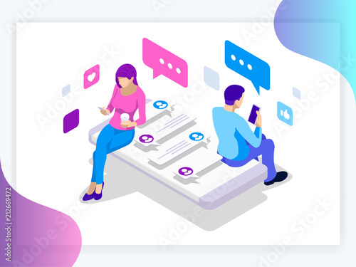 Isometric banner of virtual relationships and online dating and social networking concept. Happy friendship day Teenagers chatting on the Internet.