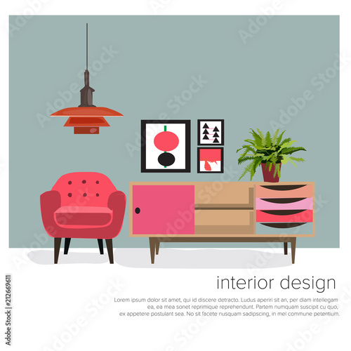 retro interior design elements set with text vector furniture mid century modern illustration. 1950 1960. Advert.