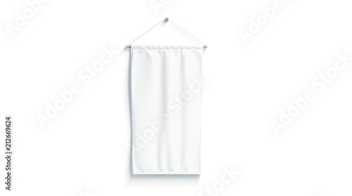 Blank white rectangle pennant mock up, isolated, 3d rendering. Clear penant hanging on wall mockup, front view. Empty flag template