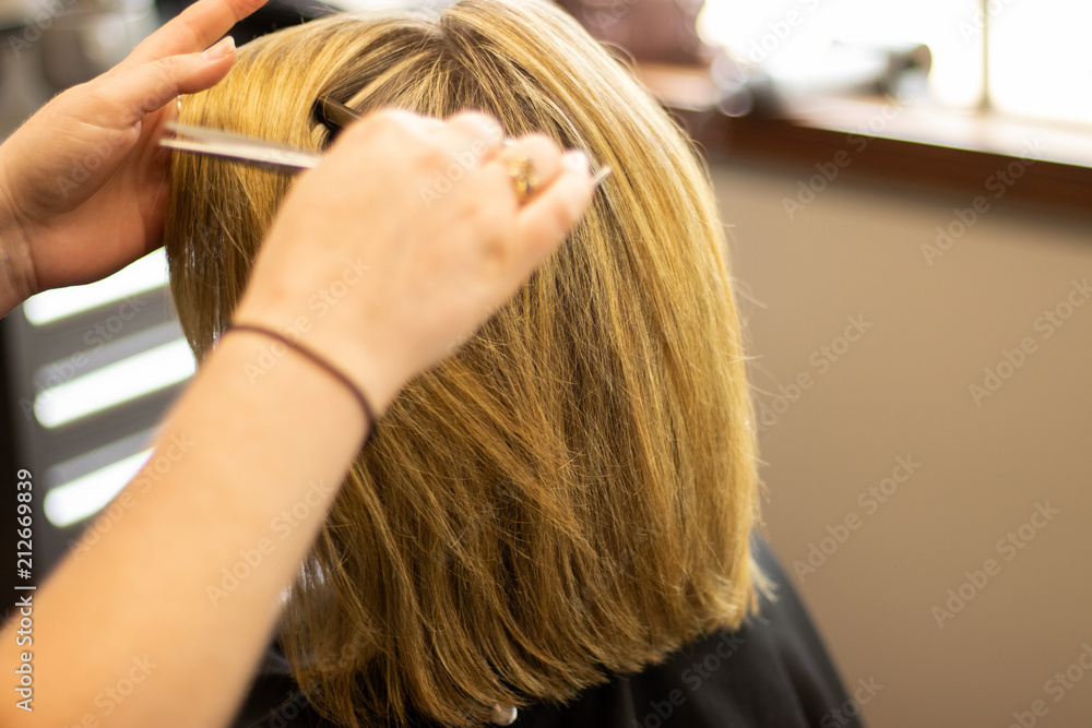 Fototapeta premium Blonde woman receiving haircut at a salon. Woman with blonde highlights. Hair foils on a female client. Master stylist cutting hair
