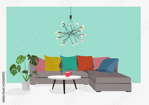 cozy modern living room. interior design elements. modern interior. danish. bright and colorful furniture illustration. 