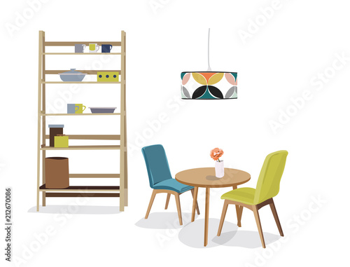 kitchen dining room  illustration. Interior design home scene.modern house, chair, table, oven, lamp, plant.coffee cup. Danish mid century.cute  and happy. photo