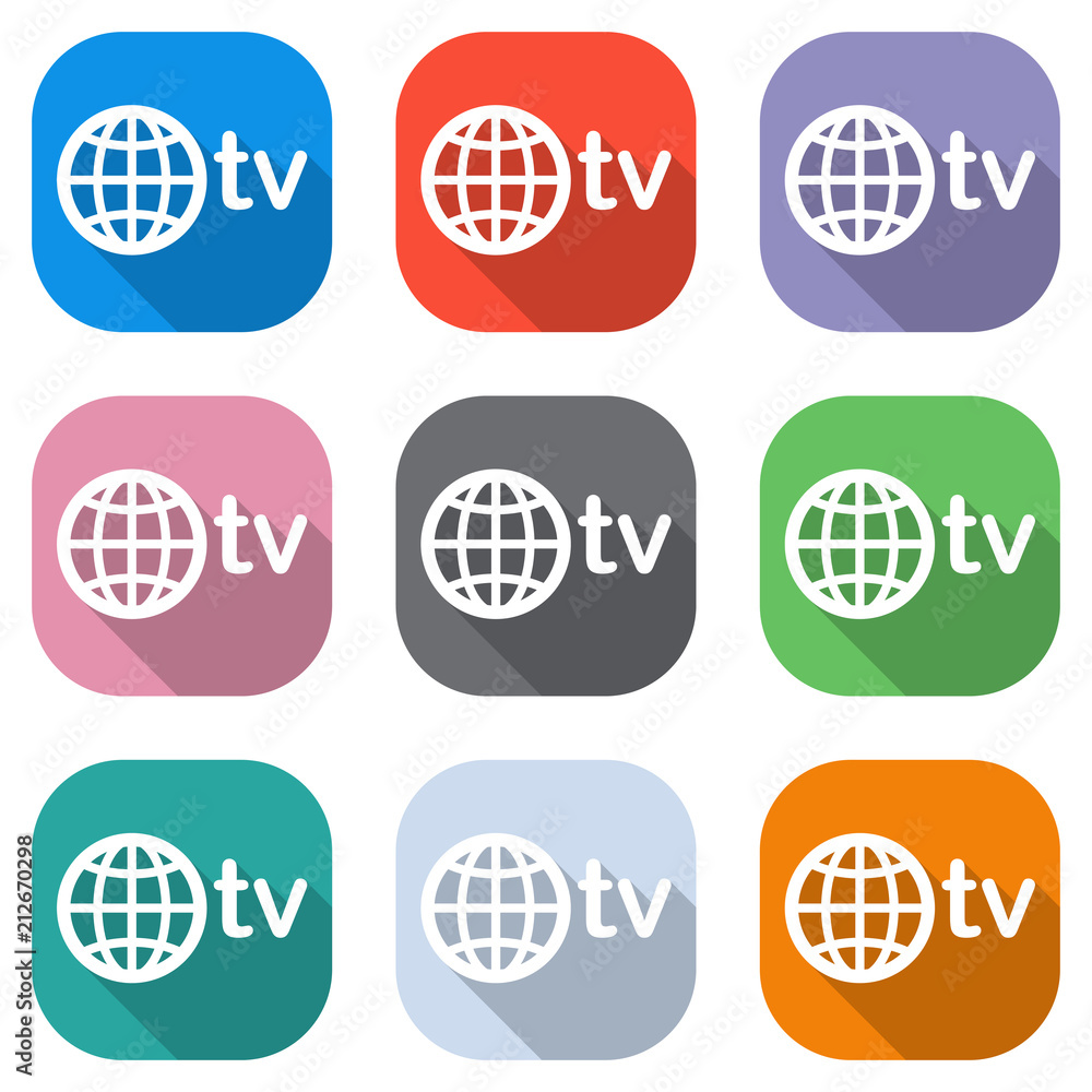 domain for media and television, globe and tv. Set of white icons on colored squares for applications. Seamless and pattern for poster domain for media and television, globe and tv. Set of white icons on colored squares for applications. Seamless and pattern for poster