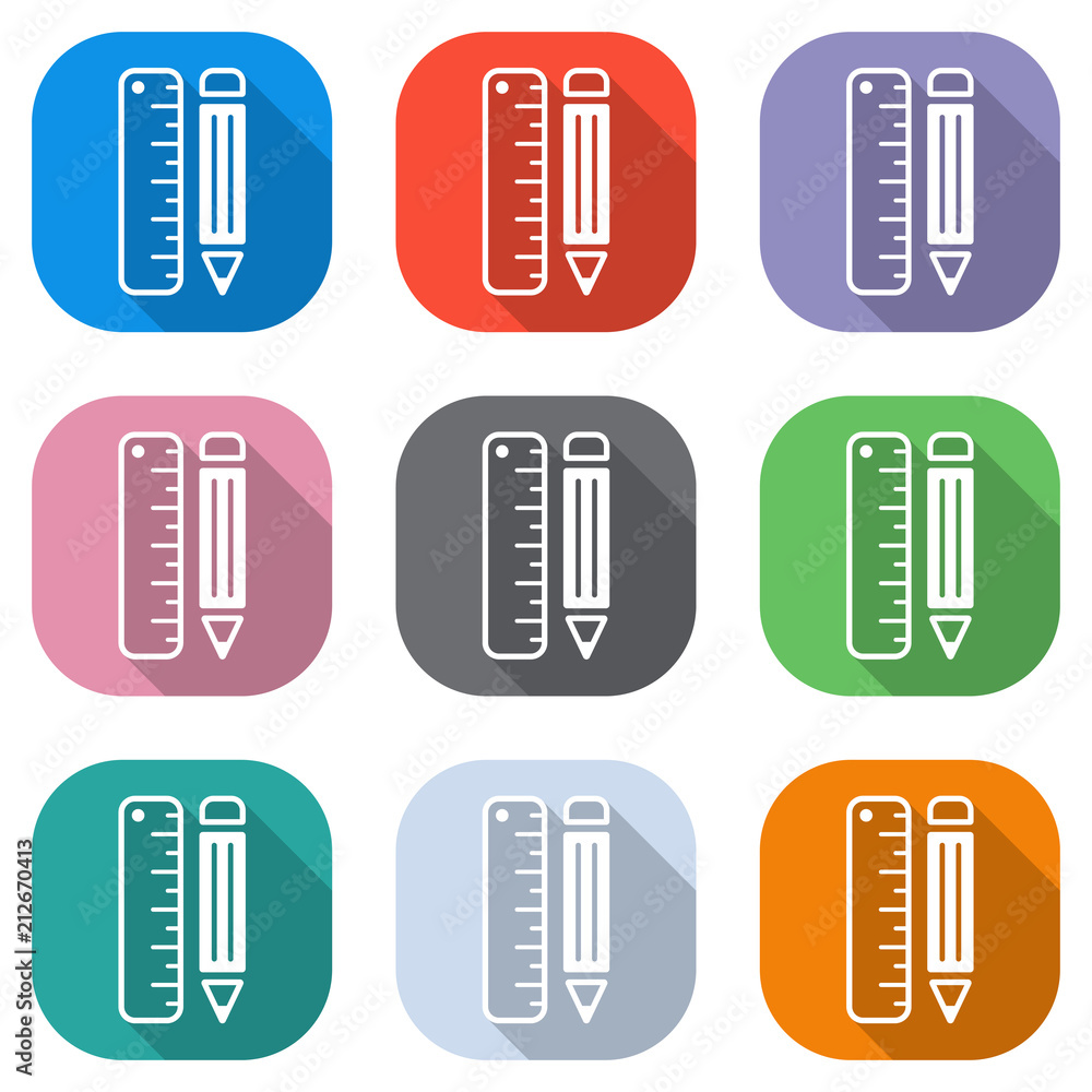 simple symbol of ruler and pencil. Set of white icons on colored squares for applications. Seamless and pattern for poster simple symbol of ruler and pencil. Set of white icons on colored squares for applications. Seamless and pattern for poster