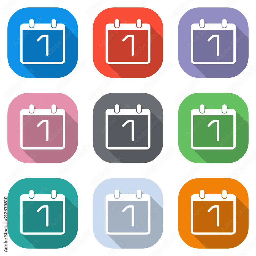 calendar with 1 day, simple icon. Set of white icons on colored squares for applications. Seamless and pattern for poster calendar with 1 day, simple icon. Set of white icons on colored squares for applications. Seamless and pattern for poster