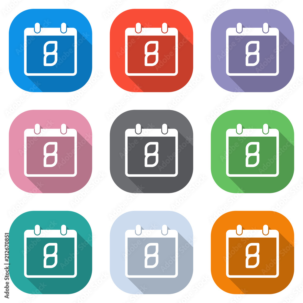 calendar with 8 day, simple icon. Set of white icons on colored squares for applications. Seamless and pattern for poster calendar with 8 day, simple icon. Set of white icons on colored squares for applications. Seamless and pattern for poster