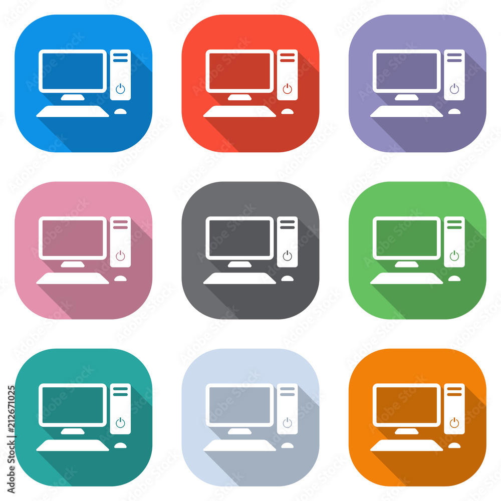 Personal computer, pc. System unit, monitor, keyboard and mouse. Set of white icons on colored squares for applications. Seamless and pattern for poster Personal computer, pc. System unit, monitor, keyboard and mouse. Set of white icons on colored squares for applications. Seamless and pattern for poster