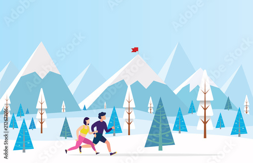 Running Man and Woman. Jogging Couple,Couple running with winter background vector illustration