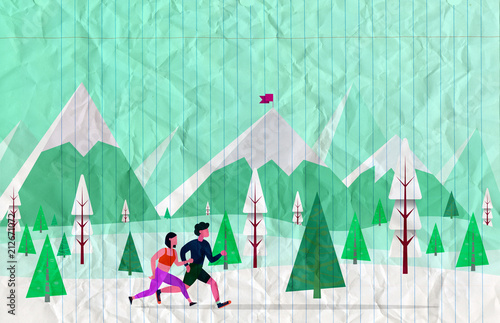 Running Man and Woman. Jogging Couple,Couple running with winter background vector illustration