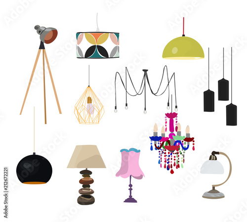lamp collection. Modern interior design style.contemporary and classic.pendant, floor and table lamps.mid century modern danish.1960s.hanging bulbs.realistic hand drawn colorful elements set.