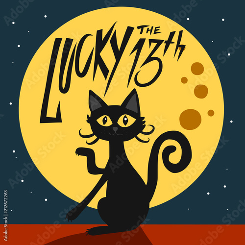 Lucky the 13th black cat and full moon cartoon vector illustration