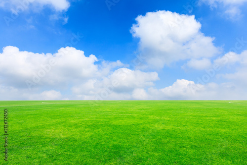 Green football field under blue sky background