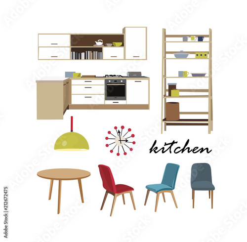 Retro modern realistic kitchen furniture set.cute colorful happy home interior design.clock,chairs, table,shelves,oven,cups.danish mid century scandinavian designer style.minimalistic.house elements.