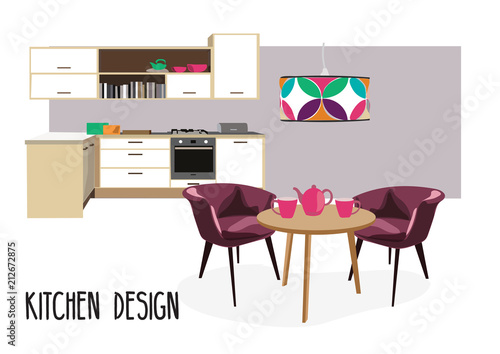 kitchen dining room  illustration. Interior design home scene.modern house, chair, table, oven, lamp, plant.coffee cup. Danish mid century.cute  and happy.