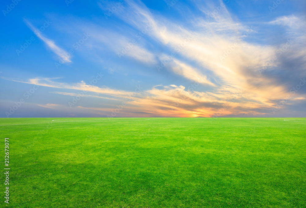 Fototapeta premium Green football field and sky clouds at sunrise