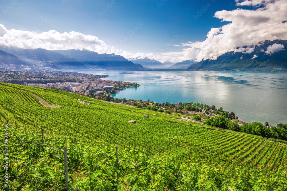 Panorama view of Montreux city with Swiss Alps, lake Geneva and vineyard on Lavaux region, Canton Vaud, Switzerland, Europe - obrazy, fototapety, plakaty 