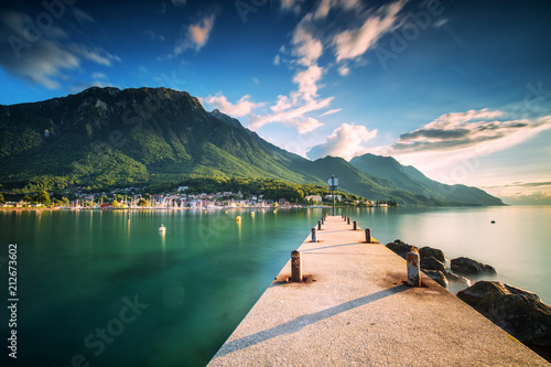 Sunset at Port Valais town with Swiss Alps near Montreux, Switzerland, Europe photo