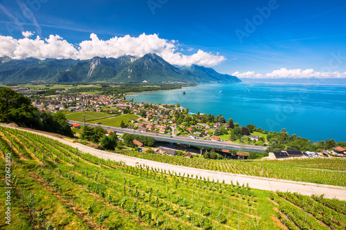 Panorama view of Villeneuve city with Swiss Alps photo