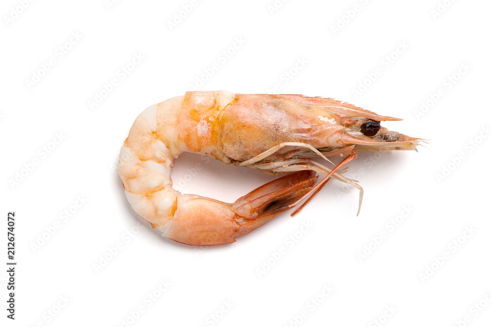 Whole boiled shrimp close-up. Isolated on white background.. Whole boiled shrimp close-up. Isolated on white background..