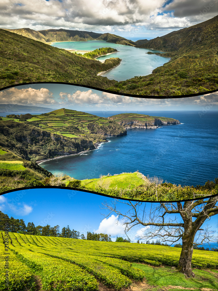 Collage of Azores panoramic landscape from lagoons  Portugal

