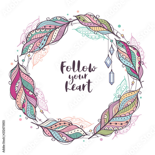 Boho wreath with feathers, colored ethnic feathers, circle frame with place for your text, isolated on white background, vector illustration.
