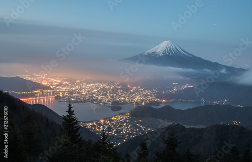 Photography Mountain Fuji with cloud and Kawaguchiko lake in early morning seen from Shindo toge view point