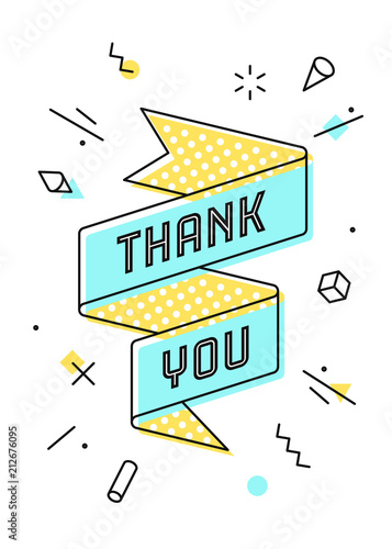 Thank You. Ribbon banner and drawing in line style with text thank you. Hand drawn design in memphis trendy style for thank you in Thanksgiving Day, greeting card, banner, poster. Vector Illustration