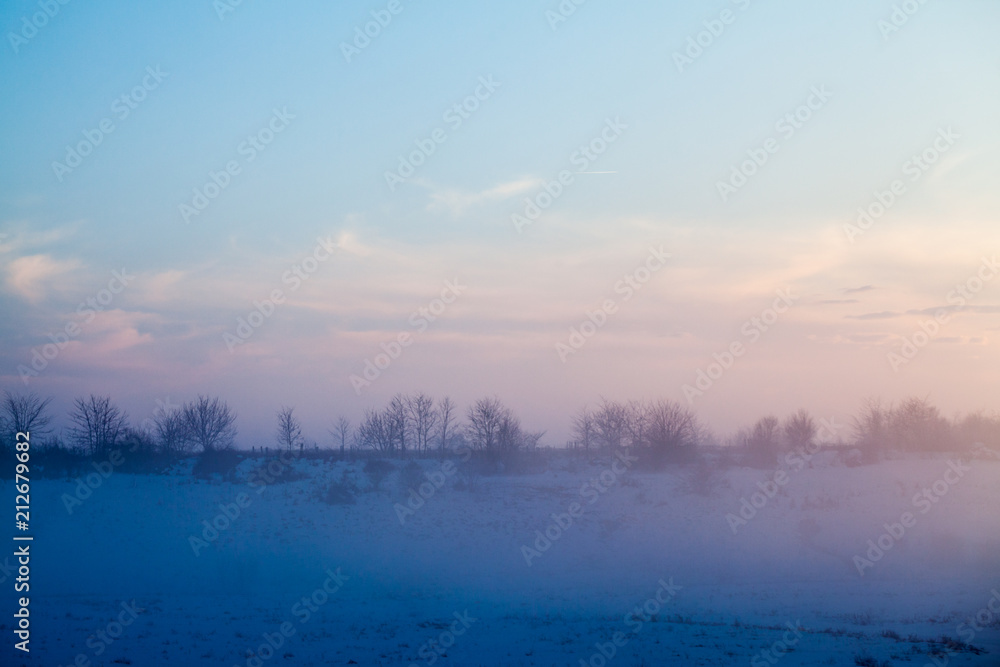 Fototapeta premium Countryside winter landscape at sunset 