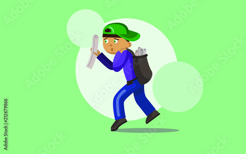 Paperboy. Cute boy with newspaper. Cartoon vector illustration.