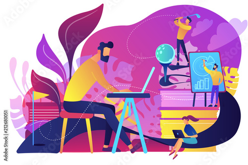 People in office working at the laptop, running presentation and playing golf as a concept of break, office fun, games and stress management. Violet palette. Vector illustration on background.