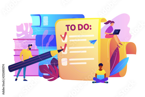 People feel in check boxes in to do list. Project task management it concept. Software development process and project management activities. Violet palette. Vector illustration on white background