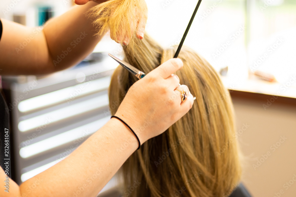 Fototapeta premium Woman with blonde hair and highlights receiving a hair cut by a master hair stylist at a salon