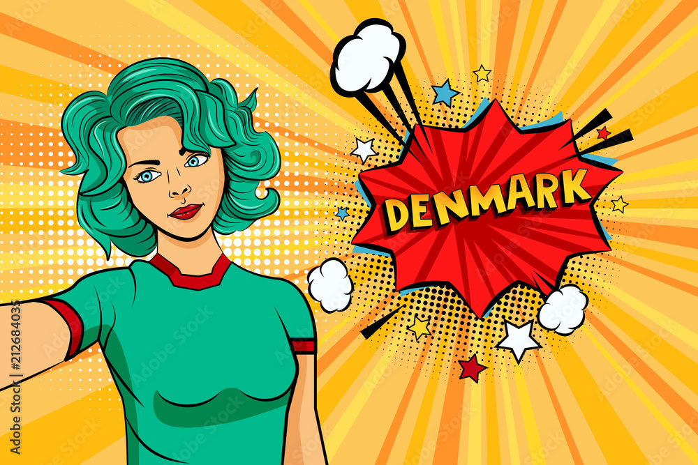 Aquamarine colored hair girl taking selfie photo in front of speech explosion Denmark name in bubble pop art style. Element of sport fan illustration for mobile and web apps