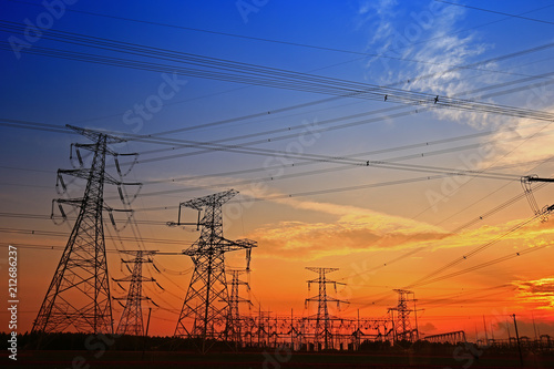 Electric tower, silhouette at sunset