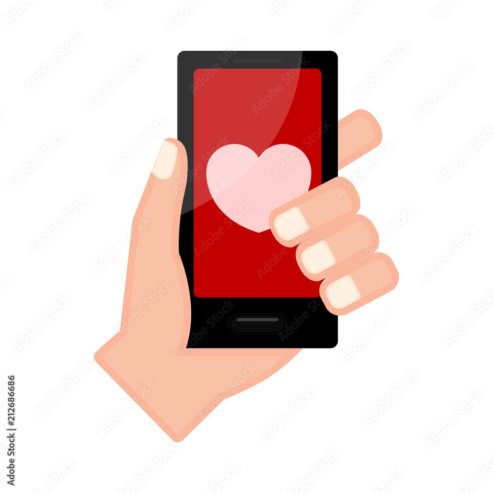 Hand holding a smartphone with a heart shape icon Hand holding a smartphone with a heart shape icon