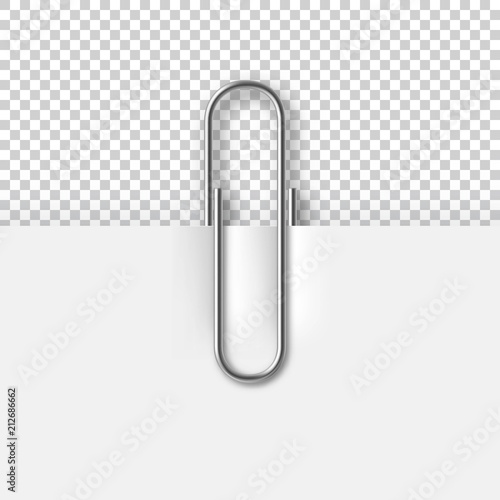 Realistic metal paper clip on white paper sheet. Office stationery vector illustration isolated on transparent background. Simple device for binding documents together. Mockup paper clip attachment