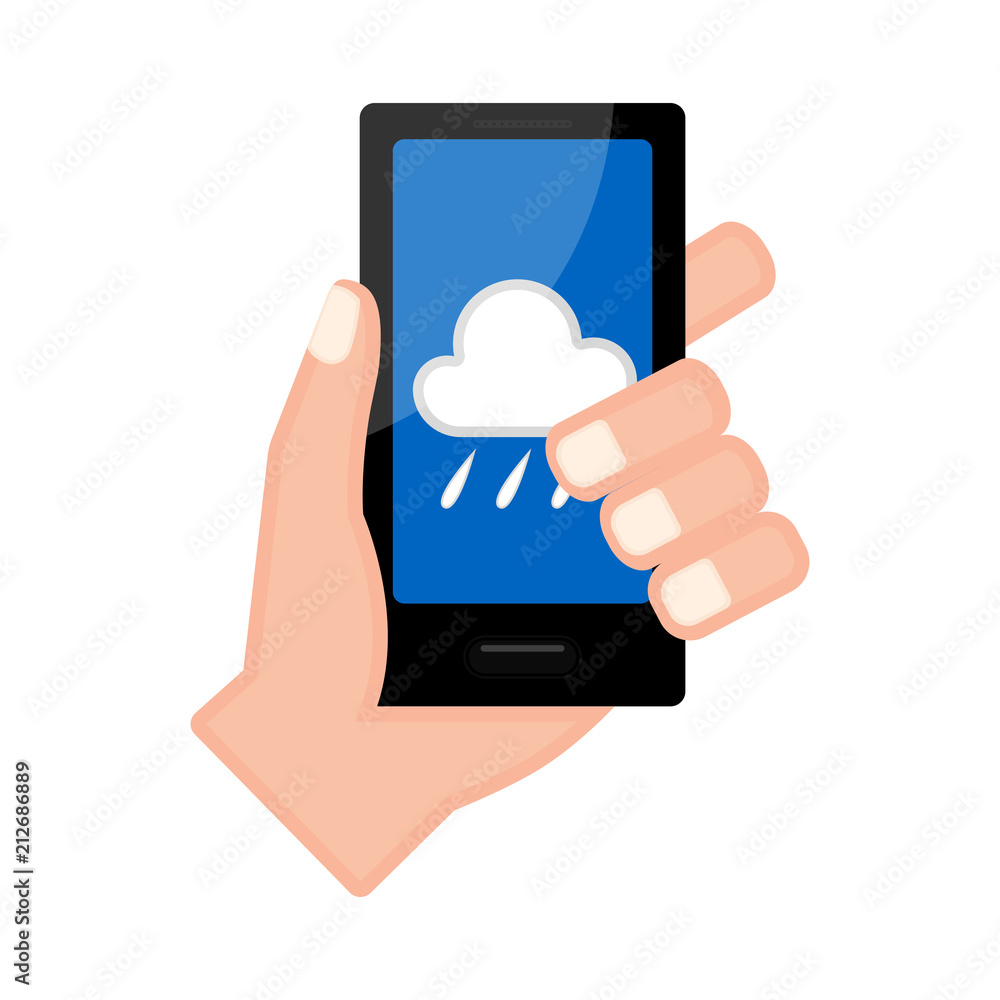 Hand holding a smartphone with a forecast app