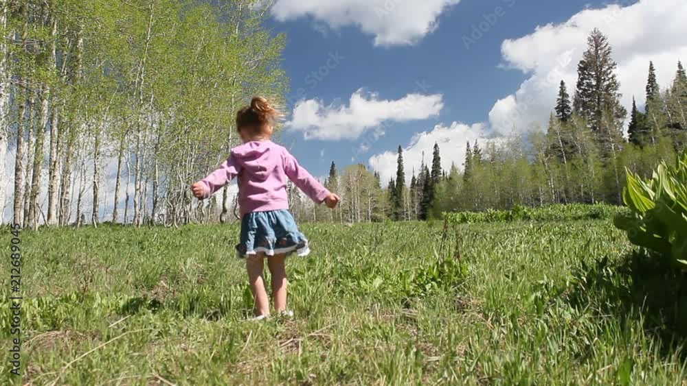 High mountain meadow, little girl spins around and around having fun, blue sky and white clouds roll by. High mountain meadow, little girl spins around and around having fun, blue sky and white clouds roll by.