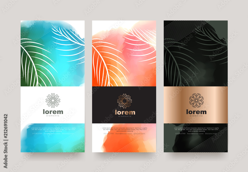 Vector set packaging templates nature luxury or premium products.logo design with trendy linear style.voucher discount, flyer, brochure.book cover vector illustration.greeting card background. - obrazy, fototapety, plakaty 