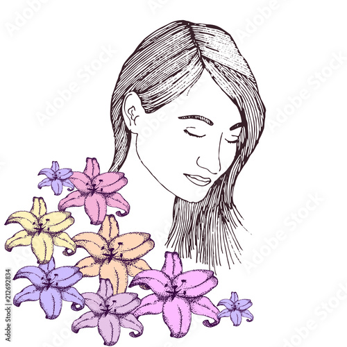 Vintage illustration of a girl in dreams surrounded by flowers